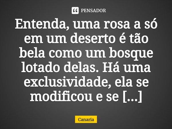 Entenda, uma rosa a só em um deserto é tão bela como um bosque lotado delas. Há uma exclusividade, ela se modificou e se adaptou àquelas adequações. ⁠... Frase de Canaria.