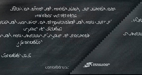 Bebi na fonte de minha baia , se banha nas minhas vertentes. A leveza do voo livre na tempestade do meu ser é o que te Seduz. O avesso do meu avesso é o que te ... Frase de candida o.s..