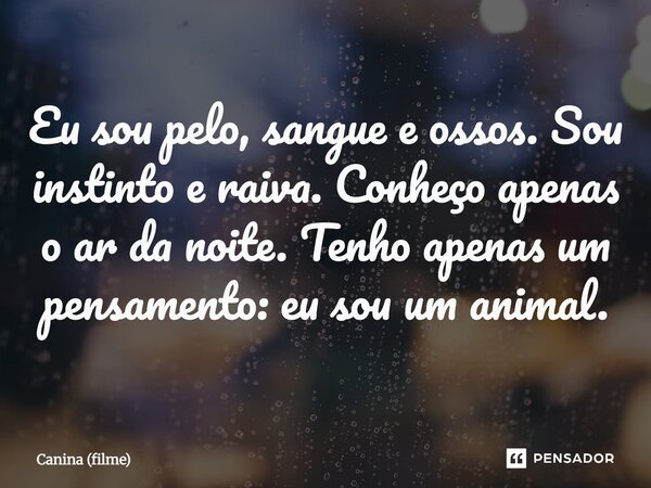 ⁠Eu sou pelo, sangue e ossos. Sou instinto e raiva. Conheço apenas o ar da noite. Tenho apenas um pensamento: eu sou um animal.... Frase de Canina (filme).