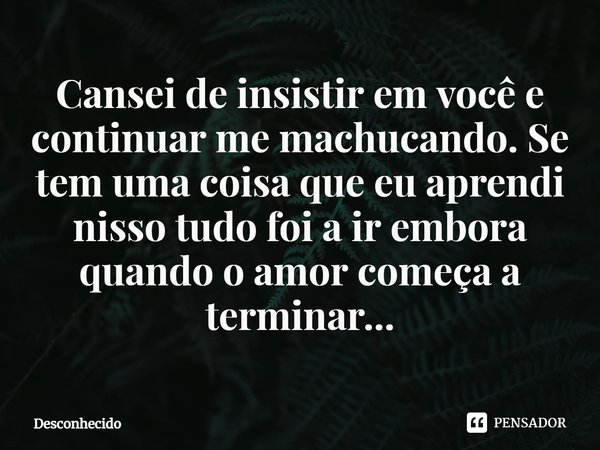 ⁠Cansei de insistir em você e continuar me machucando. Se tem uma coisa que eu aprendi nisso tudo foi a ir embora quando o amor começa a terminar...