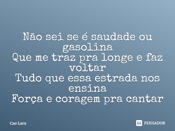 ⁠Não sei se é saudade ou gasolina
Que me traz pra longe e faz voltar
Tudo que essa estrada nos ensina
Força e coragem pra cantar... Frase de Cao Laru.