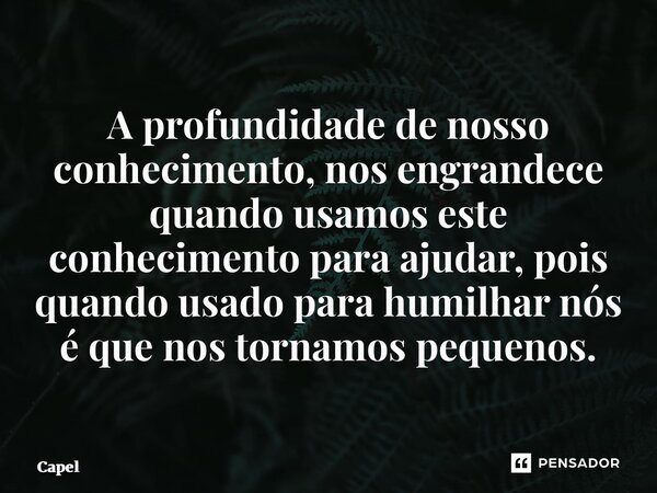 ⁠A profundidade de nosso conhecimento, nos engrandece quando usamos este conhecimento para ajudar, pois quando usado para humilhar nós é que nos tornamos pequen... Frase de Capelão Valdecio Serpa.