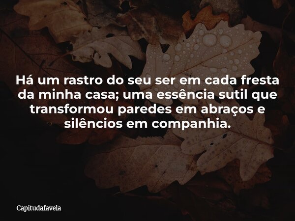 Há um rastro do seu ser em cada fresta da minha casa; uma essência sutil que transformou paredes em abraços e silêncios em companhia.... Frase de Capitudafavela.