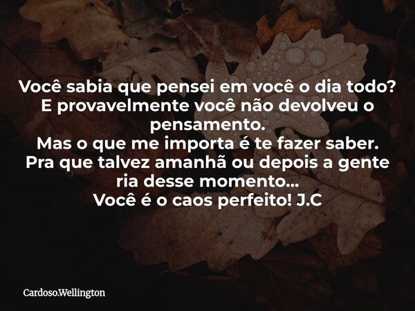 Você sabia que pensei em você o dia todo? E provavelmente você não devolveu o pensamento. Mas o que me importa é te fazer saber. Pra que talvez amanhã ou depois... Frase de Cardoso.Wellington.