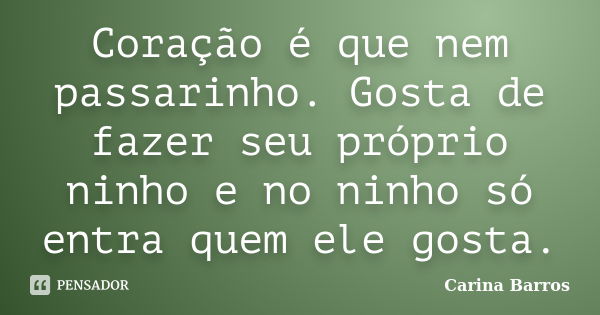 Coração é que nem passarinho. Gosta de fazer seu próprio ninho e no ninho só entra quem ele gosta.... Frase de Carina Barros.