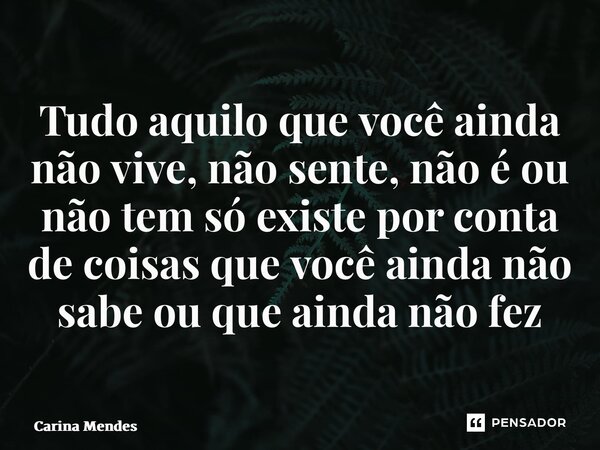 ⁠Tudo aquilo que você ainda não vive, não sente, não é ou não tem só existe por conta de coisas que você ainda não sabe ou que ainda não fez... Frase de Carina Mendes.