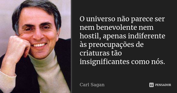 O universo não parece ser nem benevolente nem hostil, apenas indiferente às preocupações de criaturas tão insignificantes como nós.... Frase de Carl Sagan.