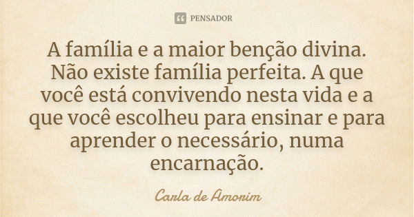 A família e a maior benção divina. Não existe família perfeita. A que você está convivendo nesta vida e a que você escolheu para ensinar e para aprender o neces... Frase de Carla de Amorim.