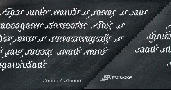 Faça valer muito a pena, a sua passagem terrestre. Pois, a logística para a reencarnação, a cada dia que passa, anda mais requisitada.... Frase de Carla de Amorim.