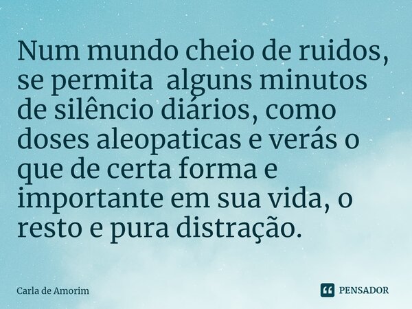 ⁠Num mundo cheio de ruidos, se permita alguns minutos de silêncio diários, como doses aleopaticas e verás o que de certa forma e importante em sua vida, o resto... Frase de Carla de Amorim.