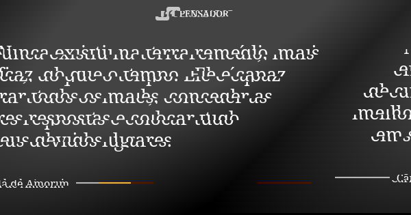 Nunca existiu na terra remédio, mais eficaz, do que o tempo. Ele é capaz de curar todos os males, conceder as melhores respostas e colocar tudo em seus devidos ... Frase de Carla de Amorim.