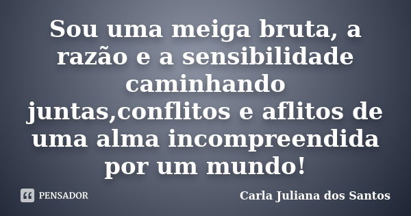 Sou uma meiga bruta, a razão e a sensibilidade caminhando juntas,conflitos e aflitos de uma alma incompreendida por um mundo!... Frase de Carla Juliana dos Santos.