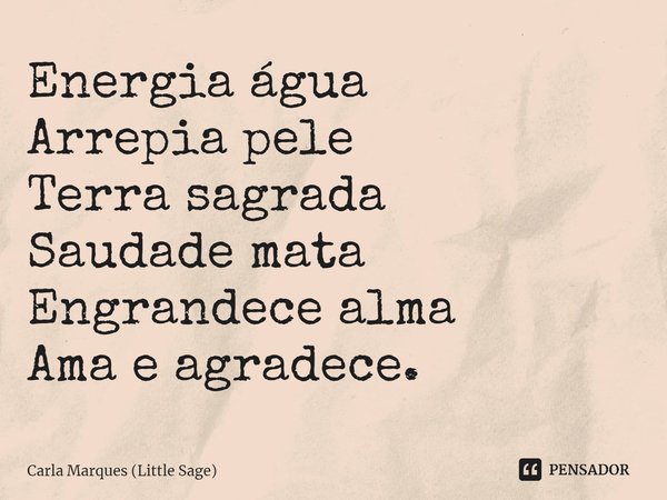⁠Energia água
Arrepia pele
Terra sagrada
Saudade mata
Engrandece alma
Ama e agradece.... Frase de Carla Marques (Little Sage).
