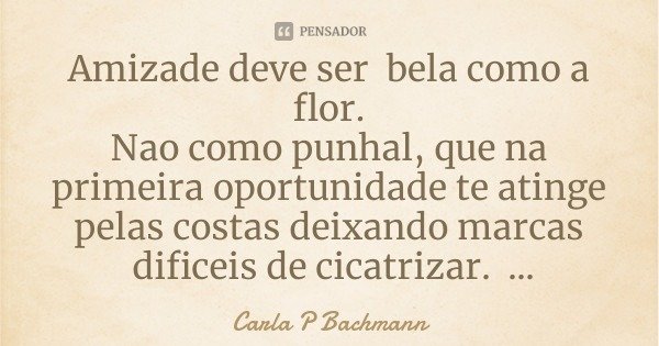 Amizade deve ser bela como a flor.
Nao como punhal, que na primeira oportunidade te atinge pelas costas deixando marcas dificeis de cicatrizar.... Frase de Carla P Bachmann.
