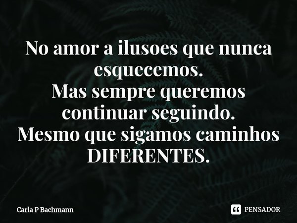 ⁠No amor a ilusoes que nunca esquecemos.
Mas sempre queremos continuar seguindo.
Mesmo que sigamos caminhos DIFERENTES.... Frase de Carla P Bachmann.