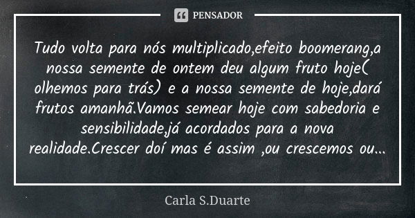 Tudo volta para nós multiplicado,efeito boomerang,a nossa semente de ontem deu algum fruto hoje( olhemos para trás) e a nossa semente de hoje,dará frutos amanhã... Frase de Carla S.Duarte.