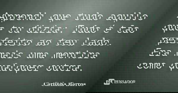 Aprendi que tudo aquilo que tu dizia: Tudo é tão perfeito ao teu lado. Era mais uma mentira como qualquer outra.... Frase de Carlinha Barros.