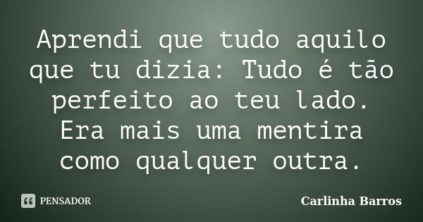 Aprendi que tudo aquilo que tu dizia: Tudo é tão perfeito ao teu lado. Era mais uma mentira como qualquer outra.... Frase de Carlinha Barros.