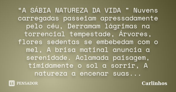 “A SÁBIA NATUREZA DA VIDA ” Nuvens carregadas passeiam apressadamente pelo céu, Derramam lágrimas na torrencial tempestade, Árvores, flores sedentas se embebeda... Frase de Carlinhos.