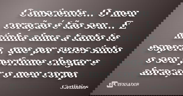 Consciente... O meu coração é tão seu... E minha alma a tanto te espera, que por vezes sinto o seu perfume chegar e abraçar o meu corpo.... Frase de Carlinhos.