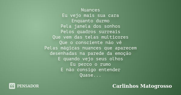 Nuances Eu vejo mais sua cara Enquanto durmo Pela janela dos sonhos Pelos quadros surreais Que vem das telas multicores Que o consciente não vê Pelas mágicas nu... Frase de Carlinhos Matogrosso.