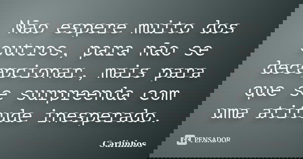 Não espere muito dos outros, para não se decepcionar, mais para que se surpreenda com uma atitude inesperado.... Frase de Carlinhos.