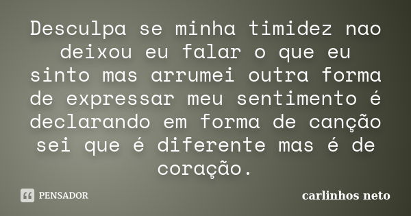 Desculpa se minha timidez nao deixou eu falar o que eu sinto mas arrumei outra forma de expressar meu sentimento é declarando em forma de canção sei que é difer... Frase de Carlinhos Neto.