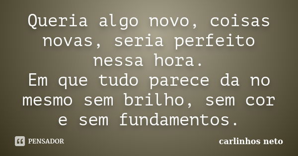 Queria algo novo, coisas novas, seria perfeito nessa hora. Em que tudo parece da no mesmo sem brilho, sem cor e sem fundamentos.... Frase de Carlinhos Neto.