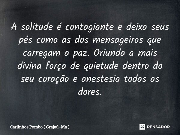 ⁠A solitude é contagiante e deixa seus pés como as dos mensageiros que carregam a paz. Oriunda a mais divina força de quietude dentro do seu coração e anestesia... Frase de Carlinhos Pombo ( Grajaú-Ma ).