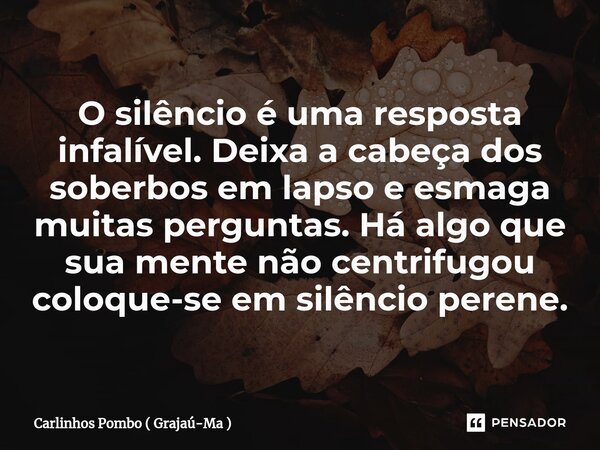 ⁠O silêncio é uma resposta infalível. Deixa a cabeça dos soberbos em lapso e esmaga muitas perguntas. Há algo que sua mente não centrifugou coloque-se em silênc... Frase de Carlinhos Pombo ( Grajaú-Ma ).