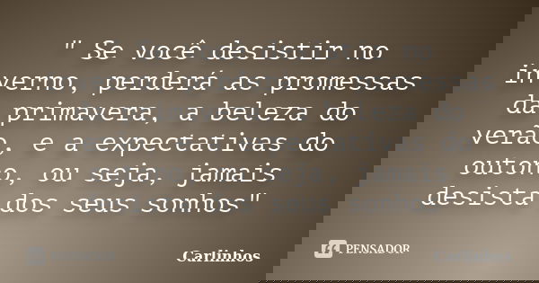 " Se você desistir no inverno, perderá as promessas da primavera, a beleza do verão, e a expectativas do outono, ou seja, jamais desista dos seus sonhos&qu... Frase de Carlinhos.