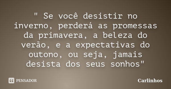 " Se você desistir no inverno, perderá as promessas da primavera, a beleza do verão, e a expectativas do outono, ou seja, jamais desista dos seus sonhos&qu... Frase de Carlinhos.