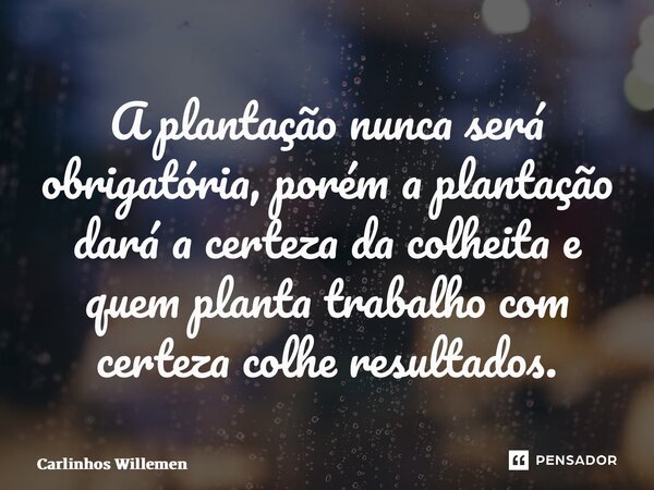 ⁠A plantação nunca será obrigatória, porém a plantação dará a certeza da colheita e quem planta trabalho com certeza colhe resultados.... Frase de Carlinhos Willemen.