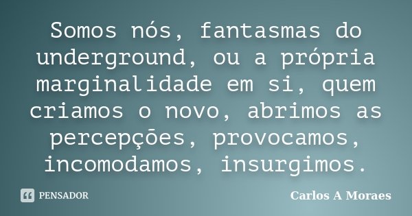 Somos nós, fantasmas do underground, ou a própria marginalidade em si, quem criamos o novo, abrimos as percepções, provocamos, incomodamos, insurgimos.... Frase de Carlos A Moraes.