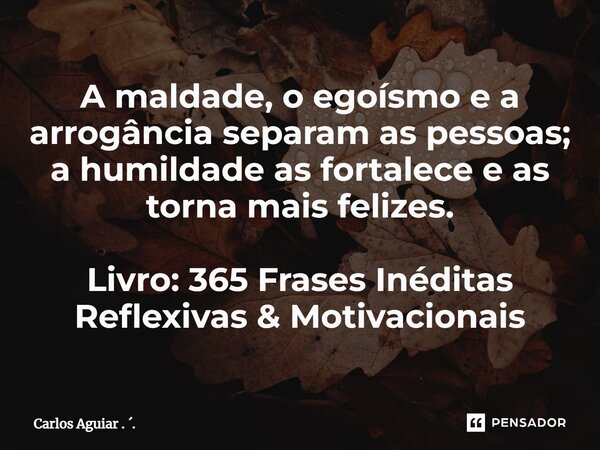 ⁠A maldade, o egoísmo e a arrogância separam as pessoas; a humildade as fortalece e as torna mais felizes. Livro: 365 Frases Inéditas Reflexivas & Motivacio... Frase de Carlos Aguiar . ..
