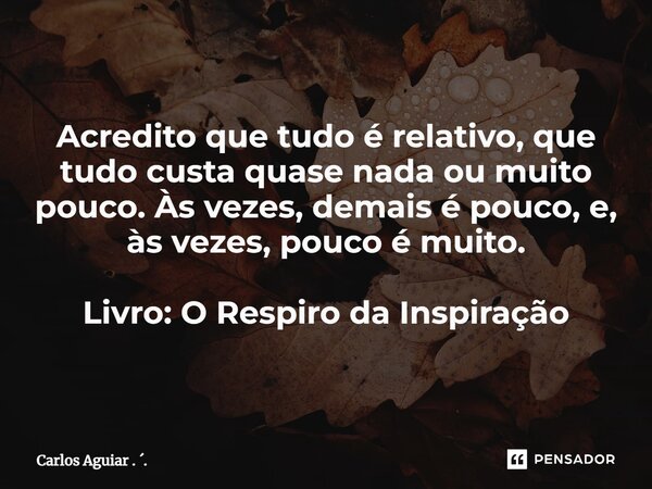 ⁠Acredito que tudo é relativo, que tudo custa quase nada ou muito pouco. Às vezes, demais é pouco, e, às vezes, pouco é muito. Livro: O Respiro da Inspiração... Frase de Carlos Aguiar . ..