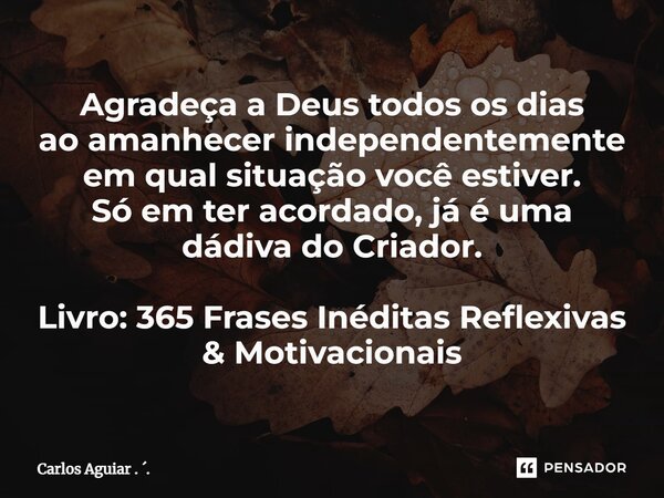 ⁠Agradeça a Deus todos os dias ao amanhecer independentemente em qual situação você estiver. Só em ter acordado, já é uma dádiva do Criador. Livro: 365 Frases I... Frase de Carlos Aguiar . ..