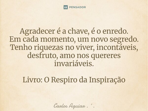 ⁠Agradecer é a chave, é o enredo. Em cada momento, um novo segredo. Tenho riquezas no viver, incontáveis, desfruto, amo nos quereres invariáveis. Livro: O Respi... Frase de Carlos Aguiar . ..