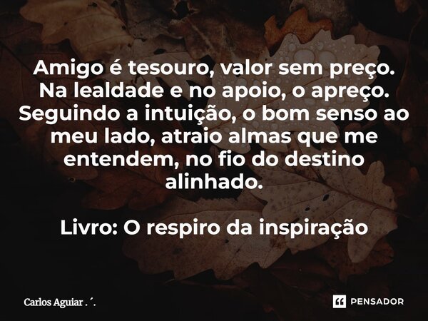 ⁠Amigo é tesouro, valor sem preço. Na lealdade e no apoio, o apreço. Seguindo a intuição, o bom senso ao meu lado, atraio almas que me entendem, no fio do desti... Frase de Carlos Aguiar . ..