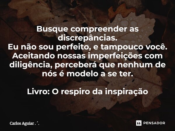 Busque compreender as discrepâncias. Eu não sou perfeito, e tampouco você. Aceitando nossas imperfeições com diligência, perceberá que nenhum de nós é modelo a... Frase de Carlos Aguiar . ..