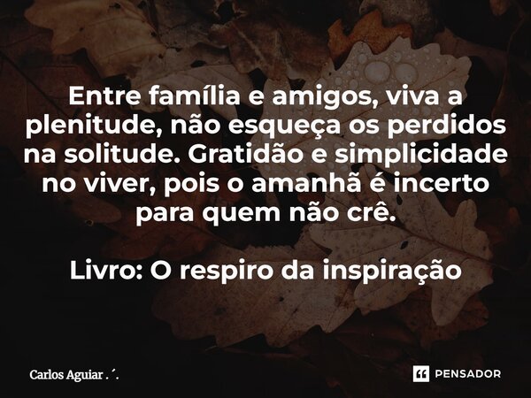 ⁠Entre família e amigos, viva a plenitude, não esqueça os perdidos na solitude. Gratidão e simplicidade no viver, pois o amanhã é incerto para quem não crê. Liv... Frase de Carlos Aguiar . ..