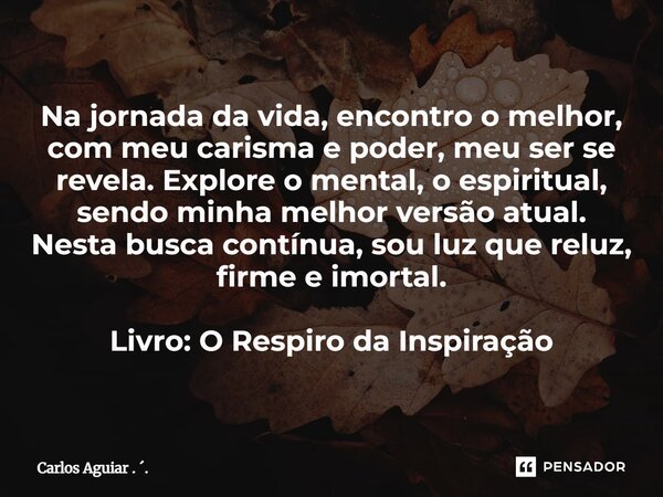 Na jornada da vida, encontro o melhor, com meu carisma e poder, meu ser se revela. Explore o mental, o espiritual, sendo minha melhor versão atual. Nesta busca... Frase de Carlos Aguiar . ..