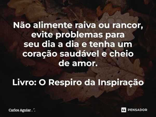 ⁠Não alimente raiva ou rancor, evite problemas para seu dia a dia e tenha um coração saudável e cheio de amor. Livro: O Respiro da Inspiração... Frase de Carlos Aguiar . ..