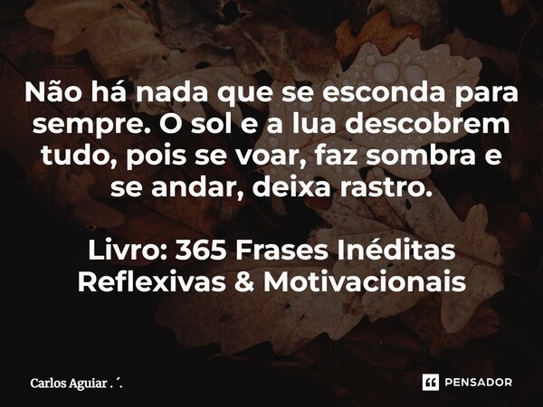 ⁠Não há nada que se esconda para sempre. O sol e a lua descobrem tudo, pois se voar, faz sombra e se andar, deixa rastro. Livro: 365 Frases Inéditas Reflexivas ... Frase de Carlos Aguiar . ..