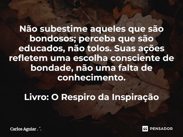 ⁠Não subestime aqueles que são bondosos; perceba que são educados, não tolos. Suas ações refletem uma escolha consciente de bondade, não uma falta de conhecimen... Frase de Carlos Aguiar . ..