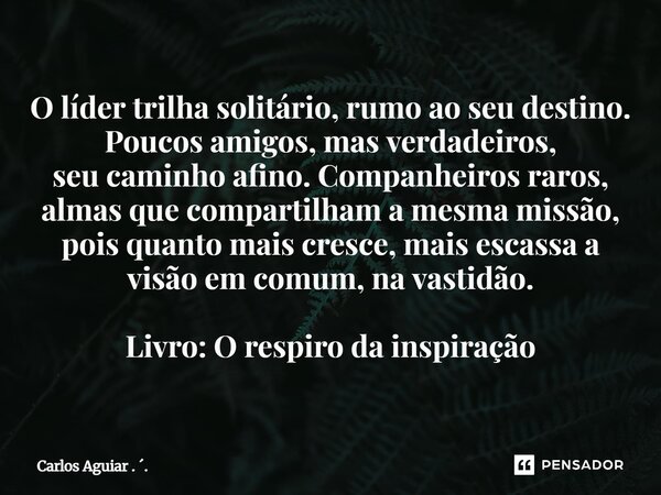 ⁠O líder trilha solitário, rumo ao seu destino. Poucos amigos, mas verdadeiros, seu caminho afino. Companheiros raros, almas que compartilham a mesma missão, po... Frase de Carlos Aguiar . ..