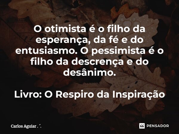 ⁠O otimista é o filho da esperança, da fé e do entusiasmo. O pessimista é o filho da descrença e do desânimo. Livro: O Respiro da Inspiração... Frase de Carlos Aguiar . ..