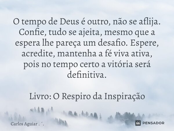 O tempo de Deus é outro, não se aflija. Confie, tudo se ajeita, mesmo que a espera lhe pareça um desafio. Espere, acredite, mantenha a fé viva ativa, pois no te... Frase de Carlos Aguiar . ..