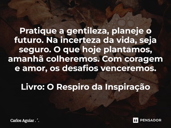 ⁠Pratique a gentileza, planeje o futuro. Na incerteza da vida, seja seguro. O que hoje plantamos, amanhã colheremos. Com coragem e amor, os desafios venceremos.... Frase de Carlos Aguiar . ..