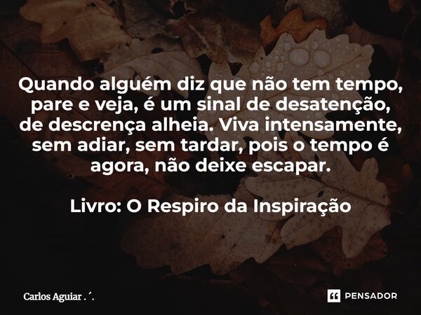 Quando alguém diz que não tem tempo, pare e veja, é um sinal de desatenção, de descrença alheia. Viva intensamente, sem adiar, sem tardar, pois o tempo é agora... Frase de Carlos Aguiar . ..